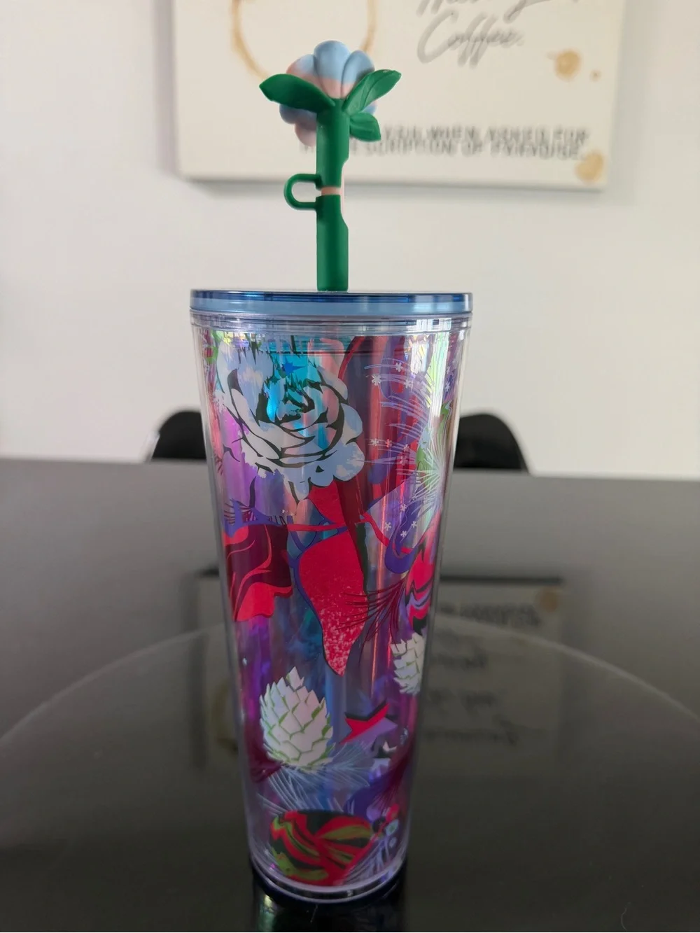 NWT Starbucks Venti Iridescent Floral Cold Cup with Flower Topper